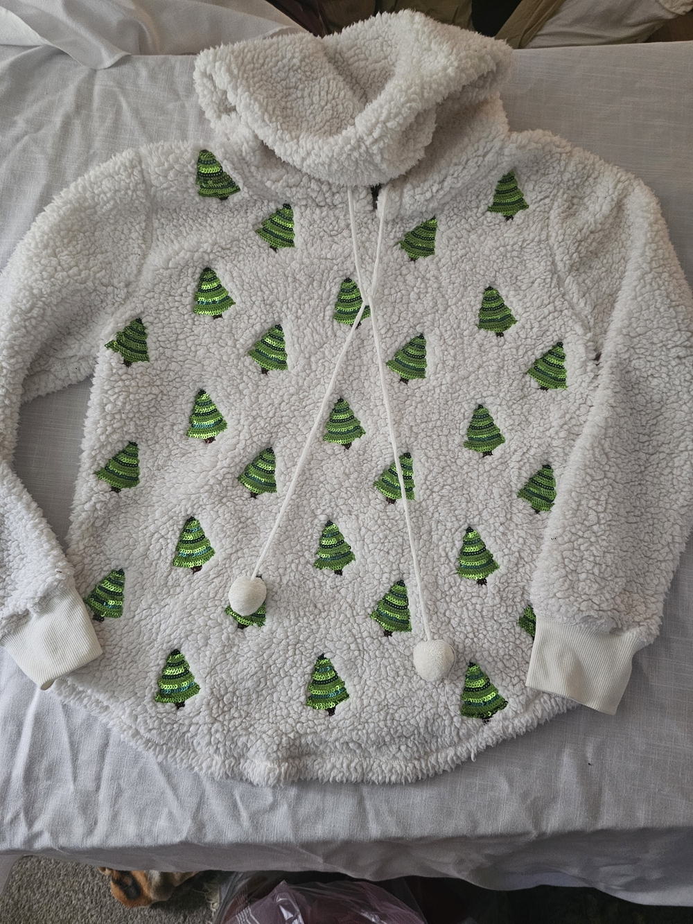 White Sherpa Hoodie with Green Tree Motif